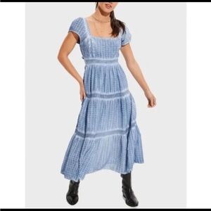 American Eagle Outfitters Blue tiered Midi Dress embroidery tie back small